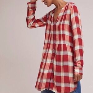 Anthro Akemi kin plaid button down tunic dress size small oversized red white